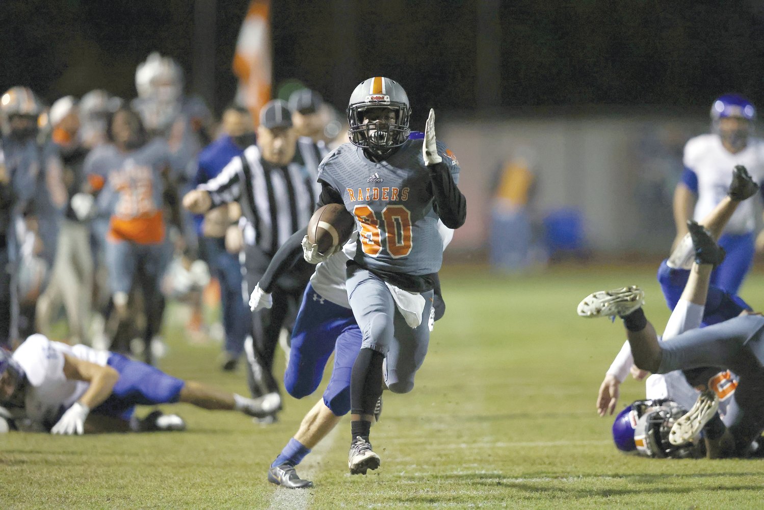 The Pedro Menendez Falcons defeated the Orange Park Raiders 41-24 in a high school football playoff game at Orange Park high school in Orange Park, Florida on Friday, November 20, 2020. (Copyright 2020 James Gilbert Photo)